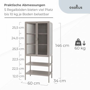 osoltus Vitrine Schrank Riffelglas Stahl Warm Grey Industrial 60 x 35 x 146 cm