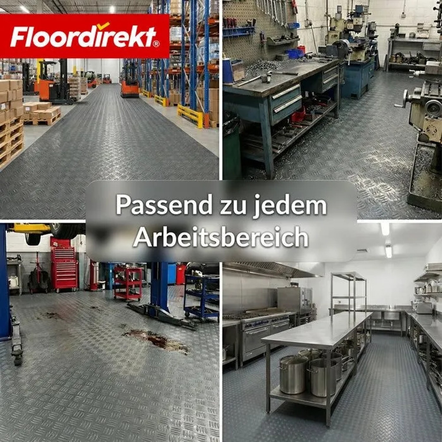 Anwendungsbeispiele: Dunkelgrauer PVC-Bodenbelag mit Riffelblech-Optik in Werkstatt, Lager, Garage und Küche.
