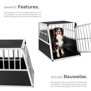 Tectake Hundetransportbox aus Aluminium mit Hund. Robuste, schwarze Transportbox mit schräger Rückwand.