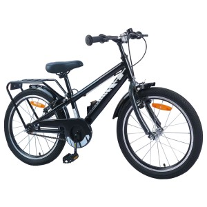 Schwarzes 20-Zoll-Kinderfahrrad für 6- bis 11-Jährige mit Gepäckträger und Reflektoren.