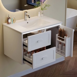 Wandhängender, weißer Waschtisch mit Unterschrank (76 cm) und Keramikwaschbecken, Schubladen offen, LED-Beleuchtung.