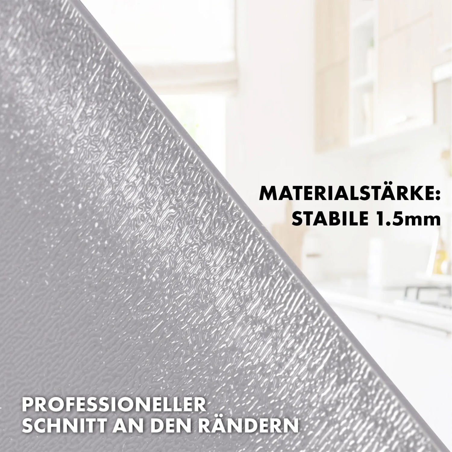 Detailaufnahme: Hellgraue KARAT Tischfolie Empire mit abgeschrägter Kante, Materialstärke 1.5mm.
