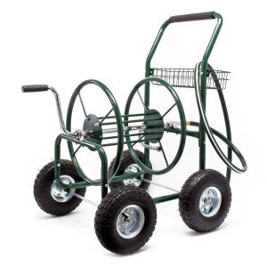 Grüner Wiltec Gartenschlauchwagen mit 4 Luftreifen, großer Schlauchtrommel, Handkurbel und Korb für 76m Schlauch.