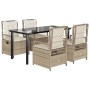 5-teilige Garten Essgruppe mit Kissen, beige Poly Rattan, mit schwarzem Tisch und 4 Stühlen.