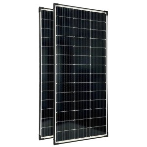 Offgridtec Solaranlage Autark XL-Master 300W mit zwei schwarzen Solarmodulen.