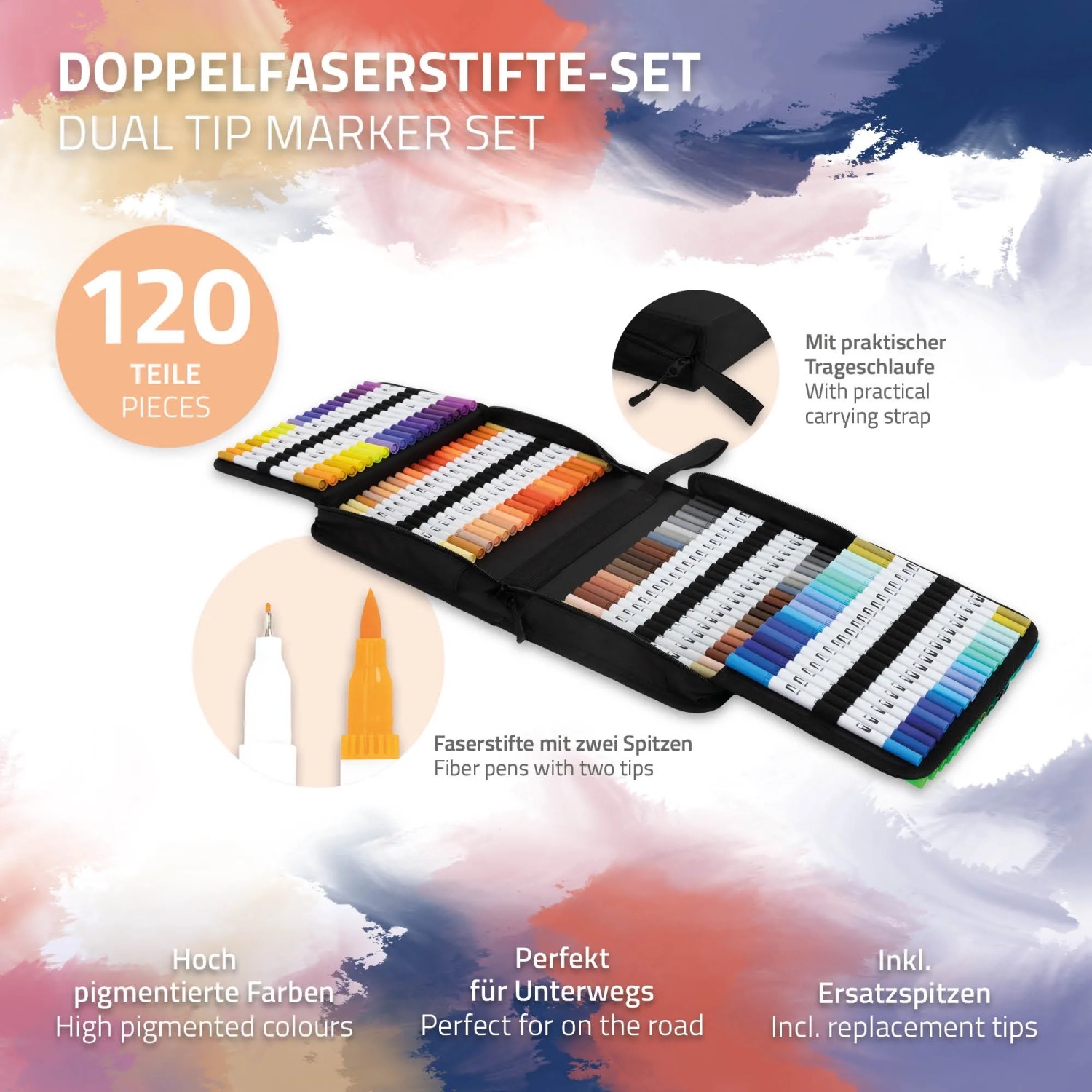ECD Germany Doppelfasermaler Set, 120 Farben im Mäppchen, ideal für Bastelfarben Projekte.
