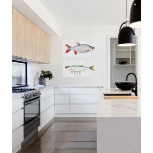 ESTAhome Wandtattoo Fisch (gelb/blau, 97x48,5cm) in moderner Küche.