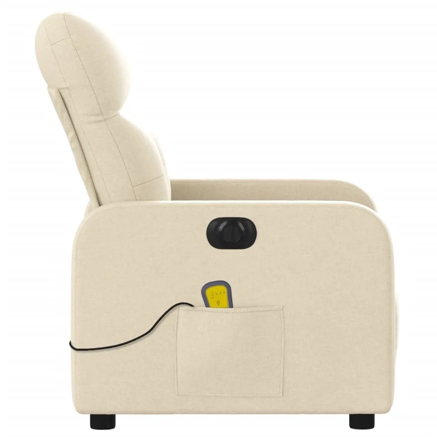 Elektrischer Massagesessel, creme Stoff, mit Fernbedienung in Seitentasche. Relaxsessel für entspannte Stunden.