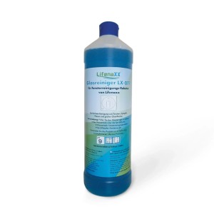 Blaue Lifenaxx LX-077 Reinigungslösung für Fensterroboter in 1-Liter-Flasche, für streifenfreien Glanz.