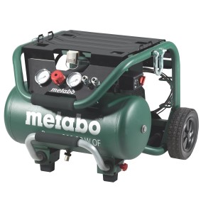 Metabo Kompressor Power 280-20 W OF: Mobiler, ölfreier Kolbenkompressor mit grünem Rahmen und Manometer.