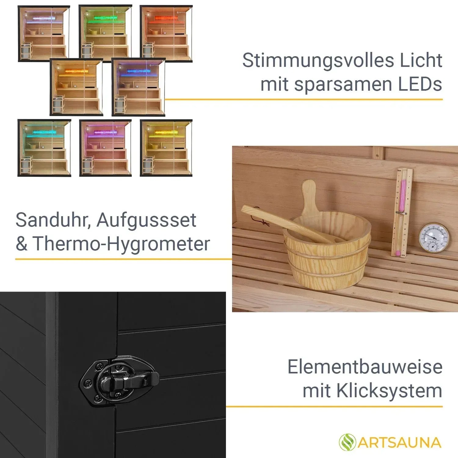 Artsauna Sauna Vantaa: Details wie LED-Farben, Aufguss-Set, Klicksystem der Massivholzsauna.