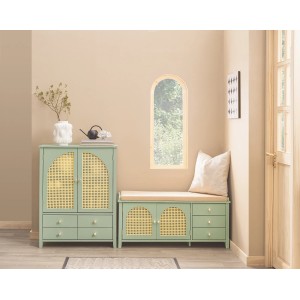 Grüne SoBuy Schuhbank FSR129-GR mit Gittertüren und Stauraum als Sitzbank.