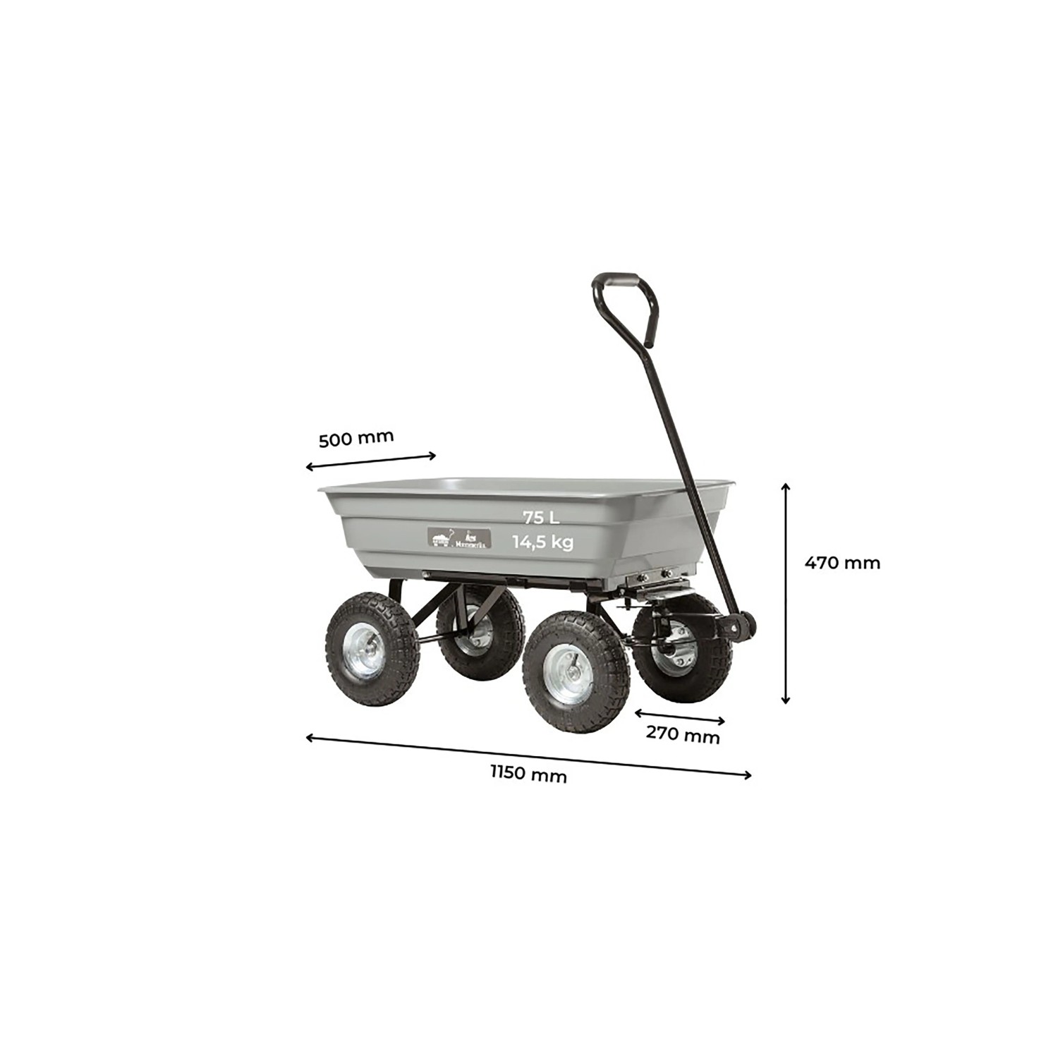 Haemmerlin Gartenwagen mit Kipper 4x4, grau, mit 4 Rädern und 75L Mulde.