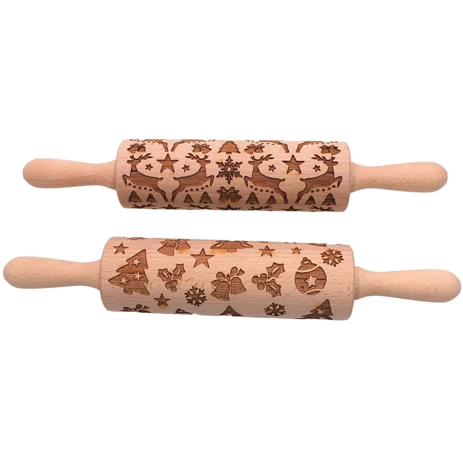 Dekohelden24 2er Set Holz Teigroller Spekulatiuswalze Plätzchenrolle Teigroller für Kekse Nudelhölzer Groß 2 Motiven Made in EU L/B/H 37 x 6 x 6 cm