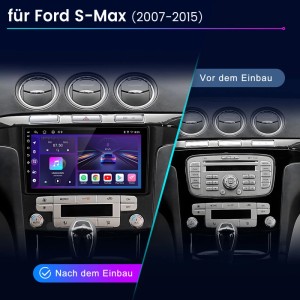 Junsun Autoradio für Ford S-Max (2007-2015). Vorher-Nachher-Vergleich: Modernes Touchscreen-Radio ersetzt altes Modell.