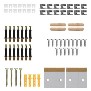 Montagematerial für ECD Germany Heizkörperverkleidung Landhausstil, bestehend aus Schrauben, Dübeln und Verbindungsstücken.