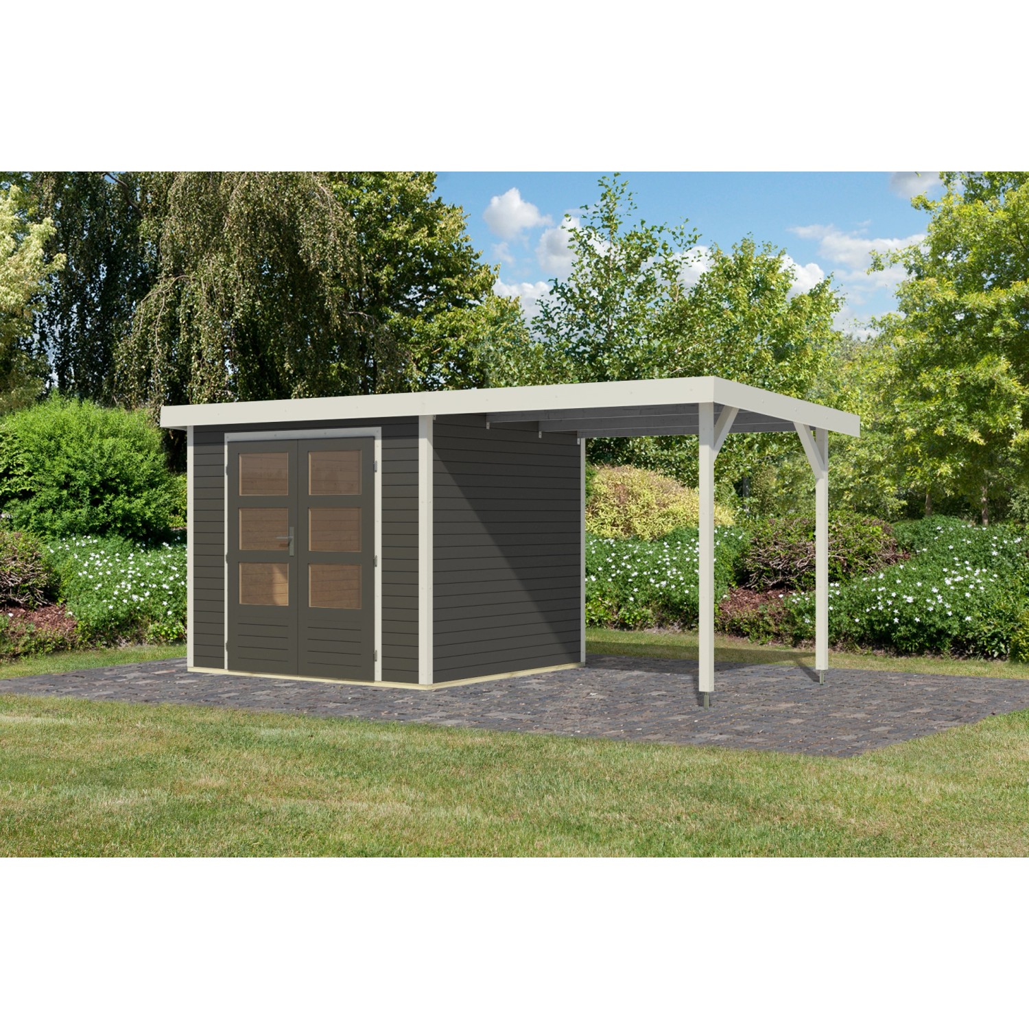 Karibu Gartenhaus Ernesto 3 B m. Anbaudach Terragrau/Weiß 209 x 238 x 213 c günstig online kaufen