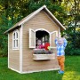 Axi Julia Spielhaus aus Holz in Braun/Weiß mit spielenden Kindern im Garten.