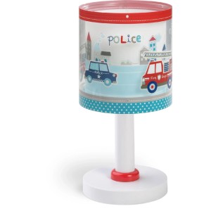 Dalber LED Tischlampe für Kinder mit Polizei- und Feuerwehr-Motiv. Weißer Fuß, transparenter Schirm. Ideal als Nachtlicht.