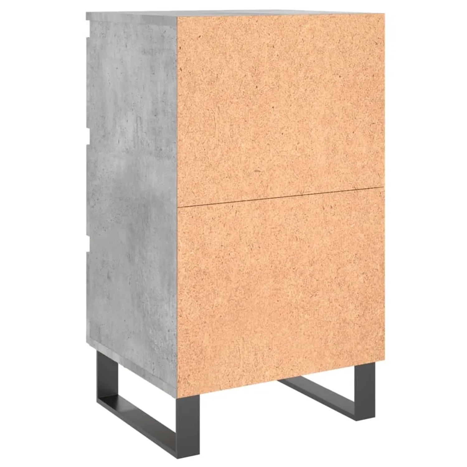 2er Set graue Nachttische (40x35x69 cm) aus Holzwerkstoff mit 3 Schubladen und schwarzen Metallfüßen.