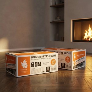 Zwei Heizfuxx Holzbriketts Kartons (12kg) auf Holzboden vor Kaminfeuer. Ideal für Kamin und Grill.