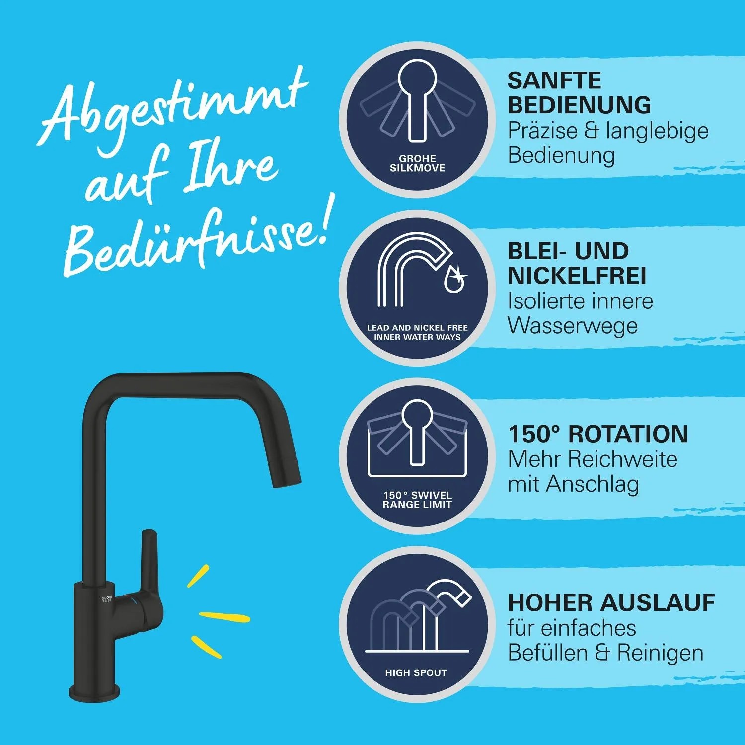 Grohe QuickFix Spültischarmatur Start, schwarz, mit hohem Auslauf und 150° Schwenkbereich.