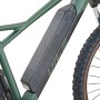 Detailaufnahme: Prophete E-Bike MTB Dice 1.0, bronze-grüner Rahmen, Akku und Vorderreifen.