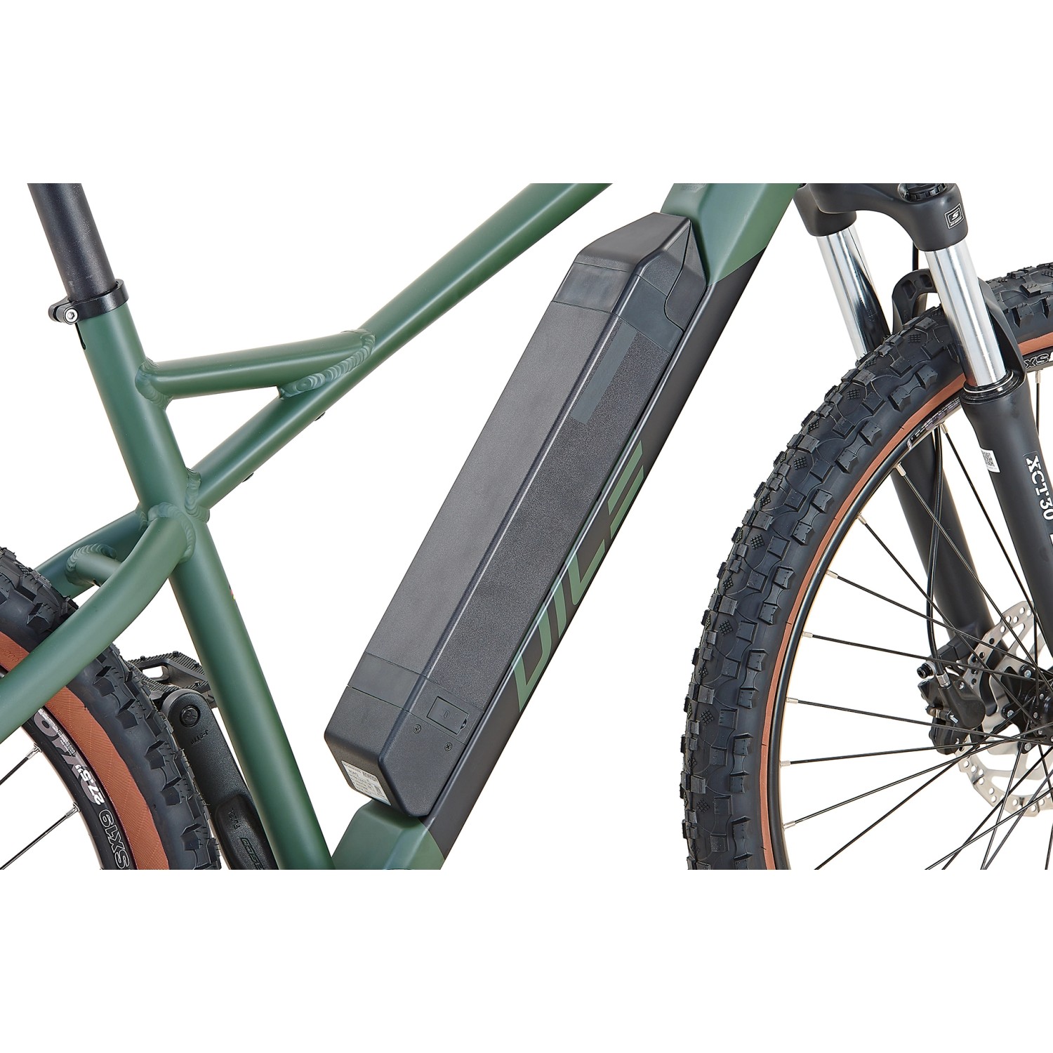 Detailaufnahme: Prophete E-Bike MTB Dice 1.0, bronze-grüner Rahmen, Akku und Vorderreifen.