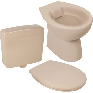 Calmwaters Stand-WC Set in Bahamabeige: Spülrandloses WC, Spülkasten und WC-Sitz mit Absenkautomatik.