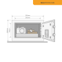 Offener Yale Tresor High Security Safe mit Kamera, Uhr und Dokumenten. Abmessungen sichtbar.