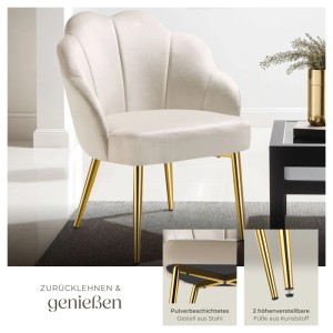Cremefarbener Tectake Cocktailsessel Hellen mit Samtbezug, muschelförmiger Rückenlehne und goldenen Stahlbeinen.