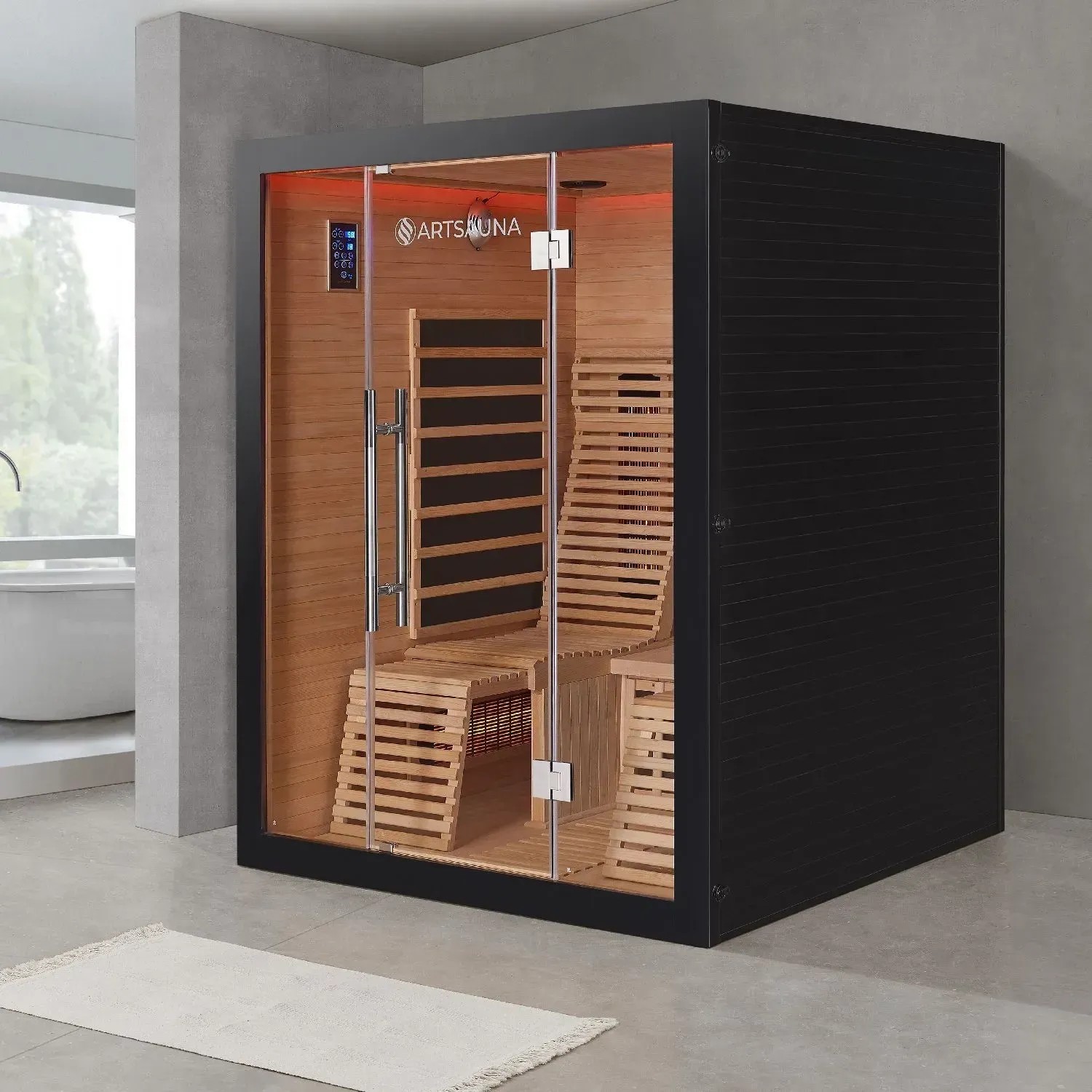 Artsauna Infrarotkabine Helsinki 150, schwarze Ausführung mit Holzbänken und LED-Beleuchtung.