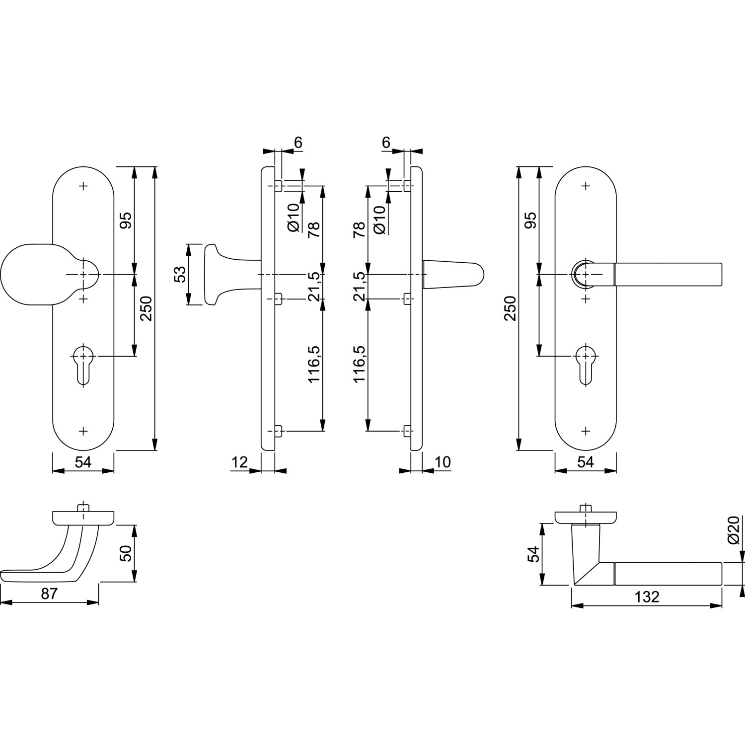 Technische Zeichnung: Hoppe Schutz-Wechsel-Garnitur Lecce, Türbeschlag mit Maßen für Montage.