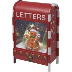Weihnachtsdeko: Spieluhr Briefkasten mit Lebkuchenmann und LED-Beleuchtung.