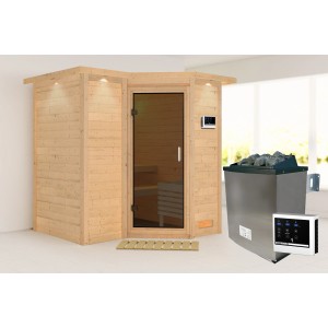 Woodfeeling Sauna-Set Steena 1 mit Ofen und Graphit-Tür. Massivholzsauna mit Ofen und externer Steuerung.