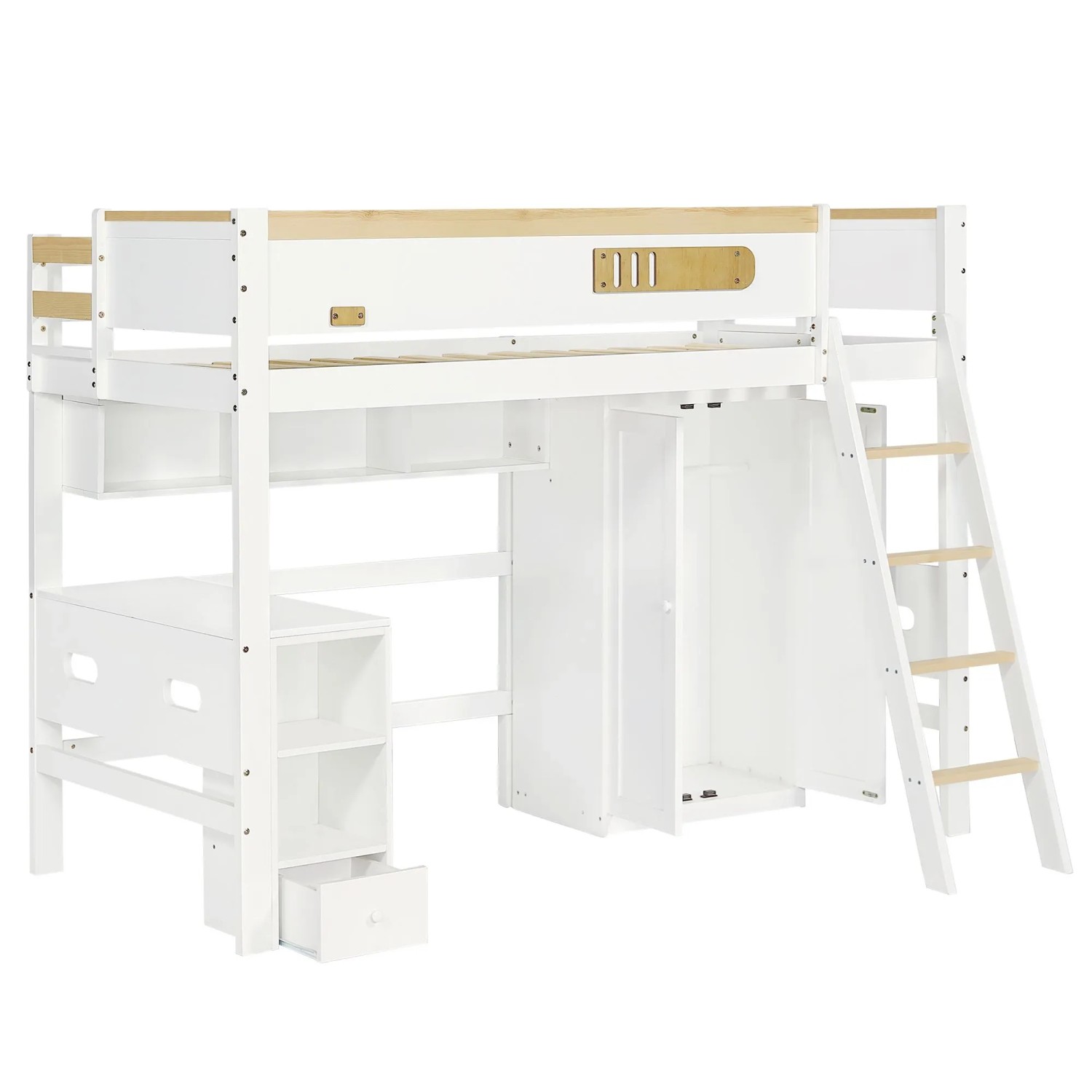 okwish Etagenbett 90x200cm mit Tisch Schrank und Regal Weiß Natur ohne Matratze