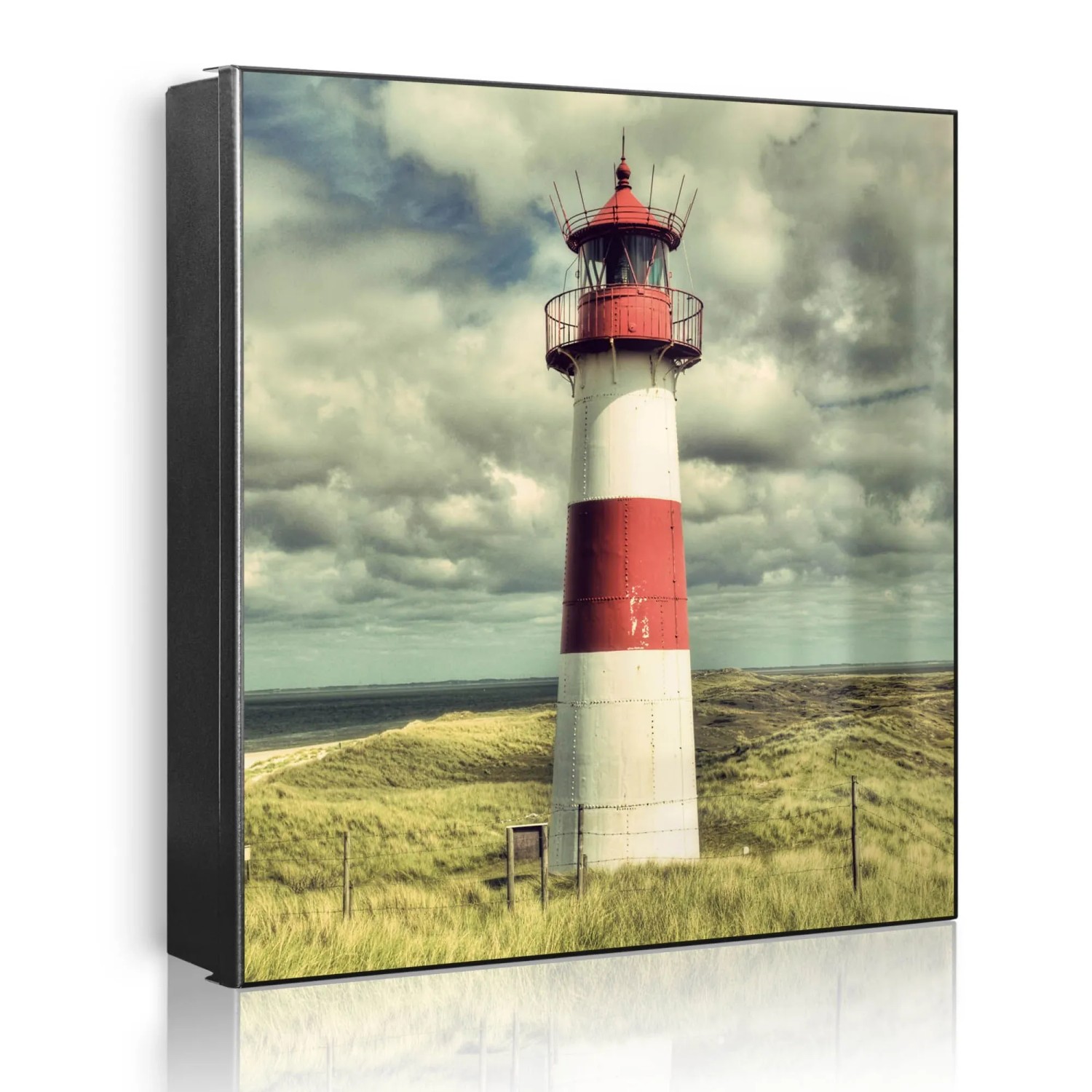 Banjado Großer Schlüsselkasten Metall 30x30cm Schwarz Scharnier Links 50 Haken Beschreibbar Magnetisch Motiv Leuchtturm Sylt