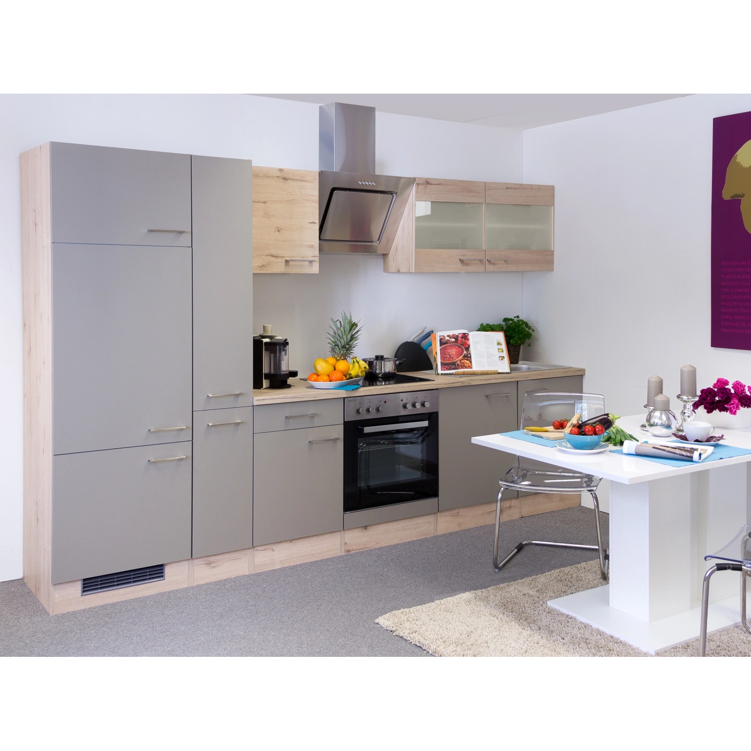 Flex-Well Exclusiv Küchenzeile/Küchenblock Arizona 300 cm Quarz-Cubanit-San Remo Eiche hell