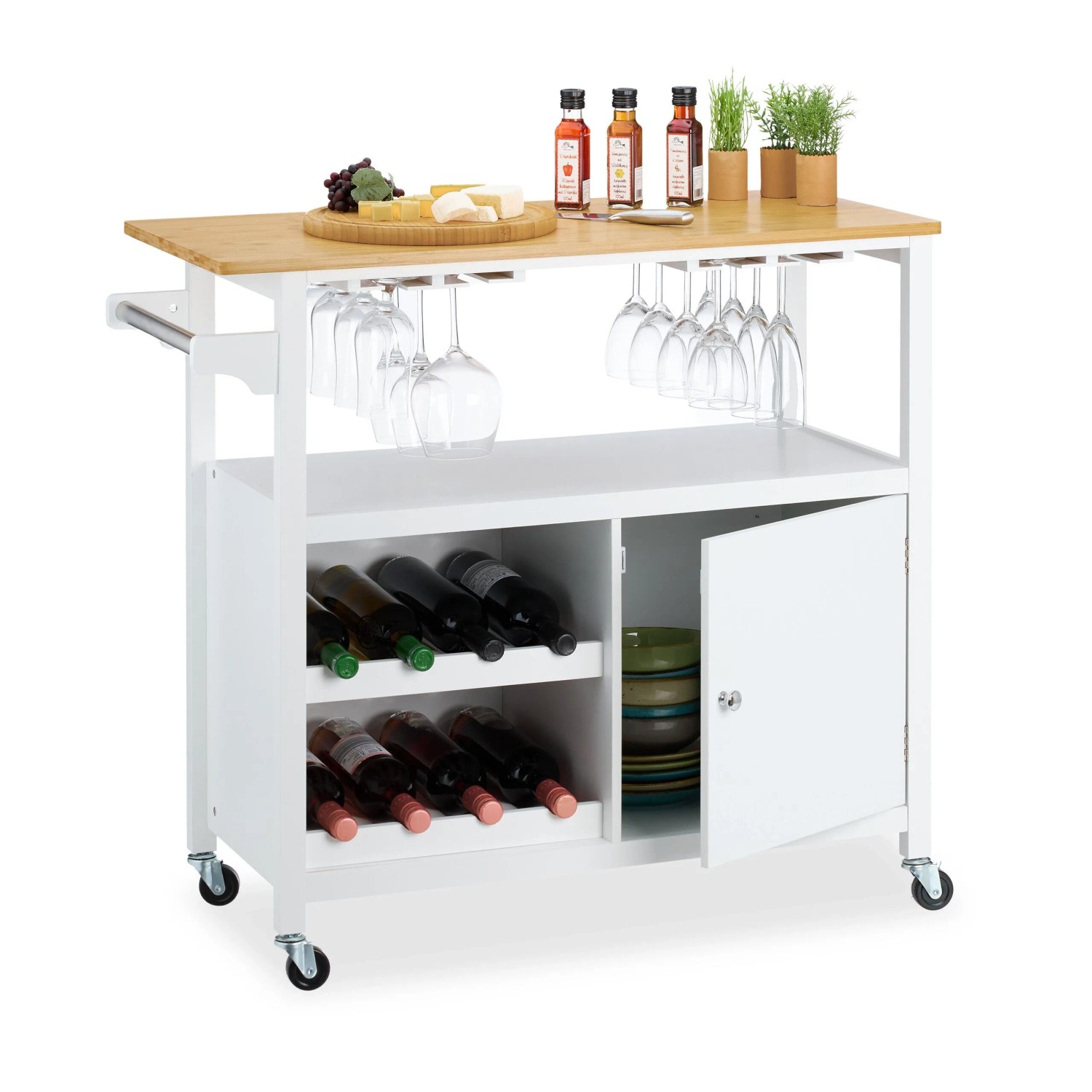 Relaxdays Küchenwagen MDF Bambus Weiß Rollbar mit Weinregal und Gläserhalter 83 cm x 92 cm x 40 cm 19 kg