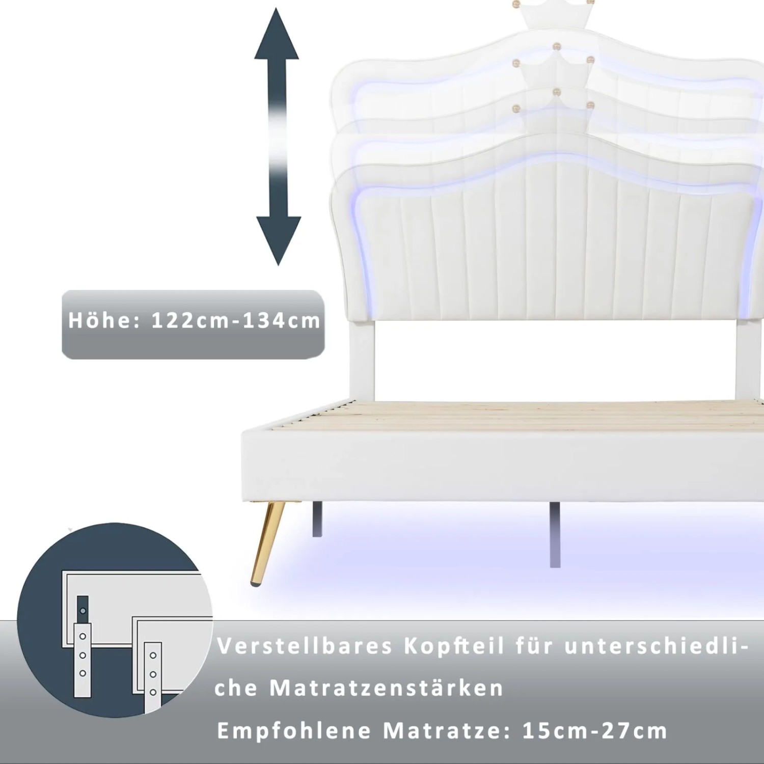 PXloue Kinderbett Polsterbett 140x200 cm mit LED Krone-Kopfteil Kunstleder Weiß Lattenrost_5