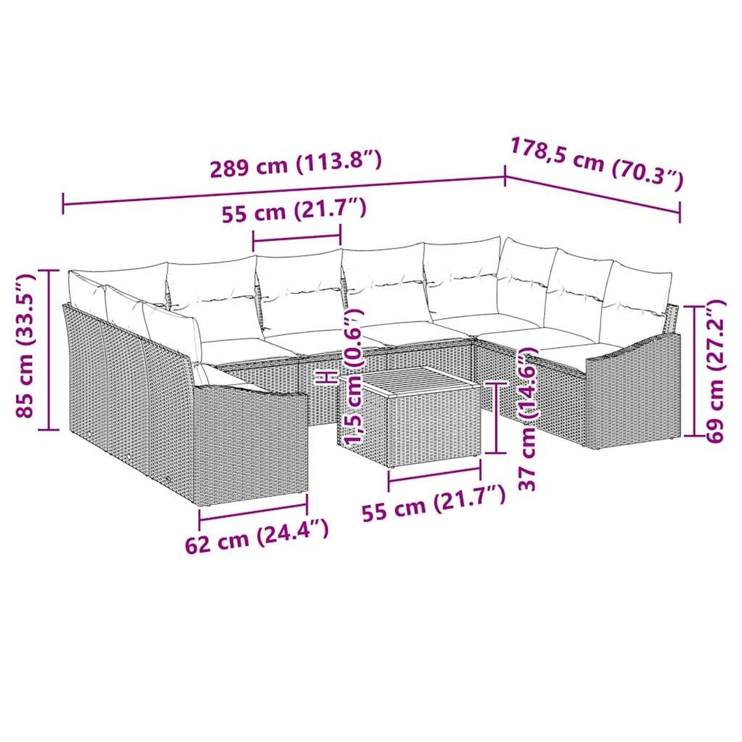 vidaXL Garten-Sofa-Set, 10-teilig, grau, Poly Rattan, mit Maßangaben.