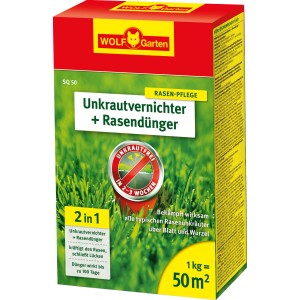 Wolf-Garten Unkrautvernichter + Rasendünger 2in1, 1kg Packung für 50m² Rasenfläche.
