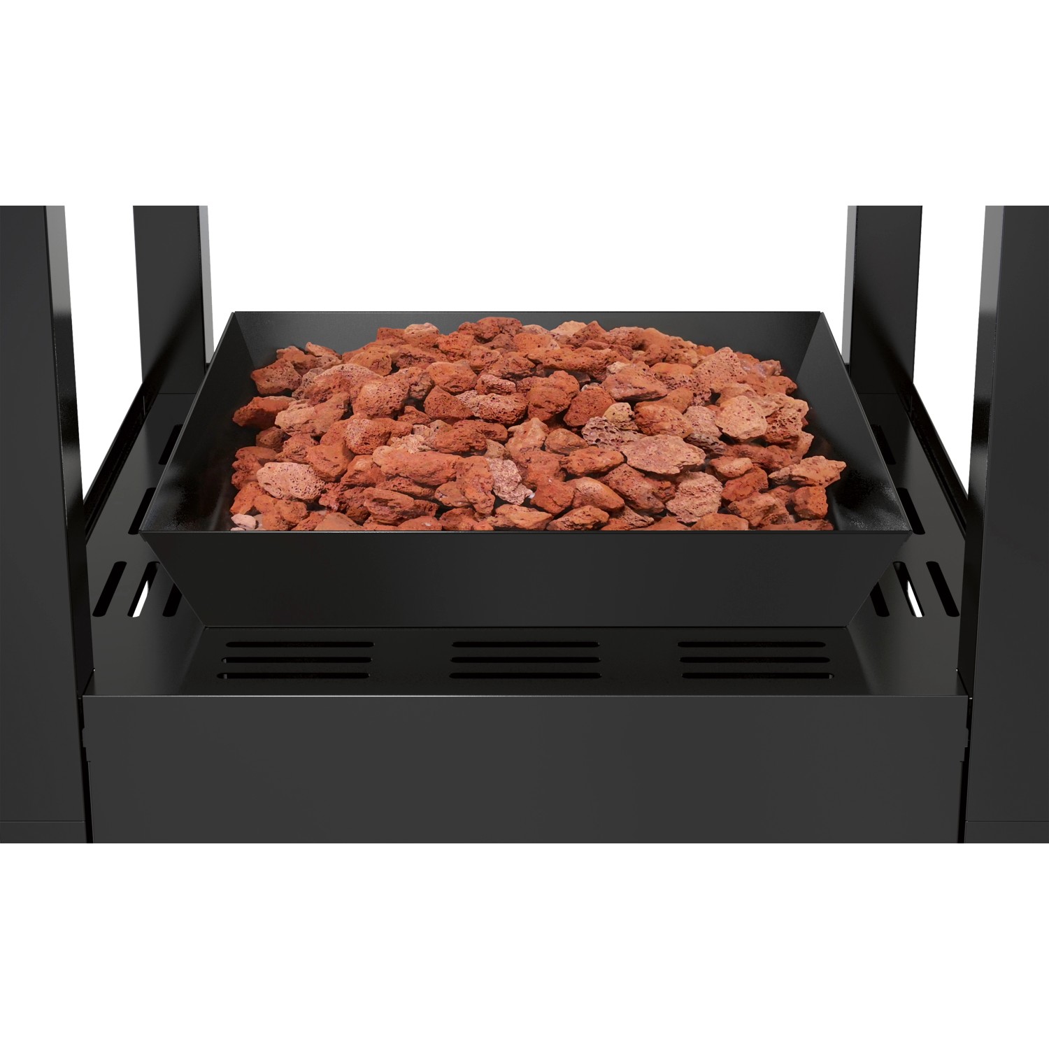 Detailaufnahme: Gaskamin Ridera mit rotbraunen Lava-Deko-Steinen im schwarzen Stahlkorb.