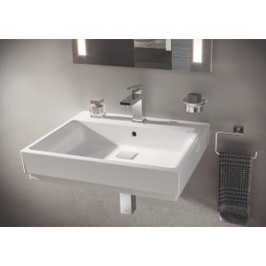 Grohe Cube Waschtisch, 60 cm, Alpinweiß, mit Armatur und Handtuchhalter im Badezimmer.