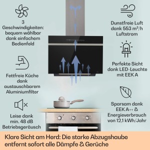 Klarstein Ava 60 Dunstabzugshaube aus schwarzem Glas mit Touch-Bedienfeld und LED-Beleuchtung.