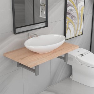 vidaXL Badmöbel-Set mit Keramikwaschbecken in Eichenbraun, bestehend aus Waschtisch und Aufsatzwaschbecken.