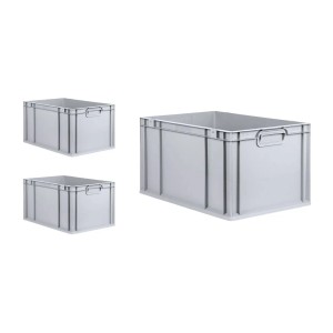 PROREGAL SuperSparSet: 3 graue Euroboxen mit Scharnierdeckel und grünen Verschlüssen, 65 Liter.