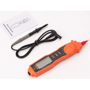 Orange-schwarzes digitales Stiftmultimeter mit Messleitung und Anleitung für AC/DC-Messung und NCV-Funktion.