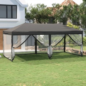 Anthrazitfarbenes vidaXL Partyzelt, faltbar, mit Seitenwänden, 3x6 m, im Garten.