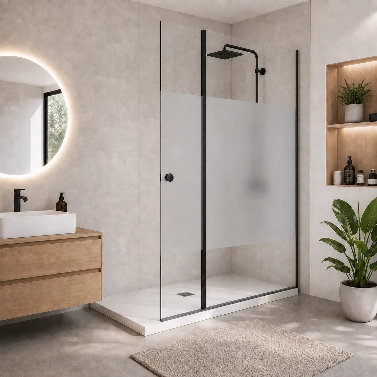 Onbath's Duschwand aus Glas 50+60 cm mit Schwenkbarem Spritzschutz  6 mm, Schwarz